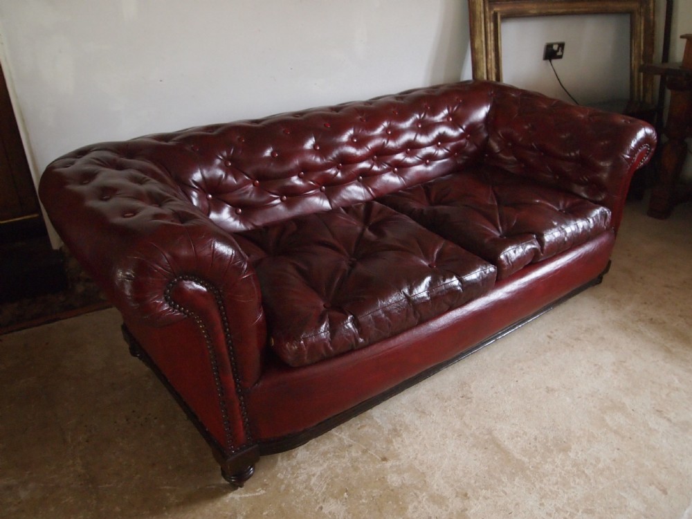 Sofa settee Chesterfield Victorian faux Leather Ox blood c1880 View V