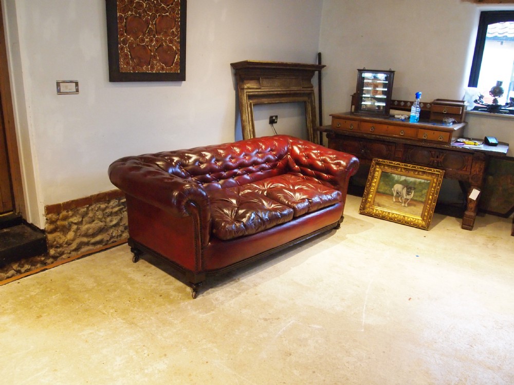 Sofa settee Chesterfield Victorian faux Leather Ox blood c1880 View XI