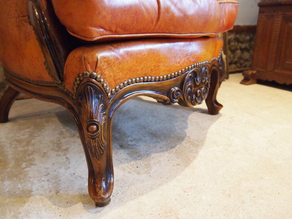 Chair stunning Tan Leather armchair carved Beech c1930 View II