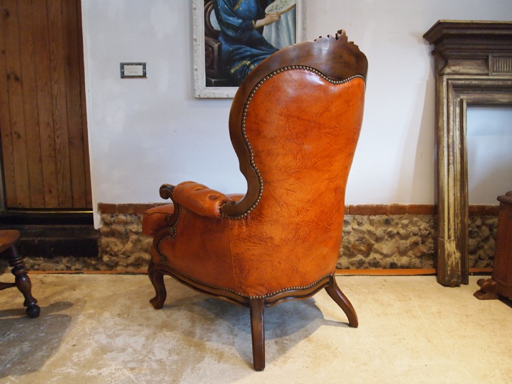 Chair stunning Tan Leather armchair carved Beech c1930 View V