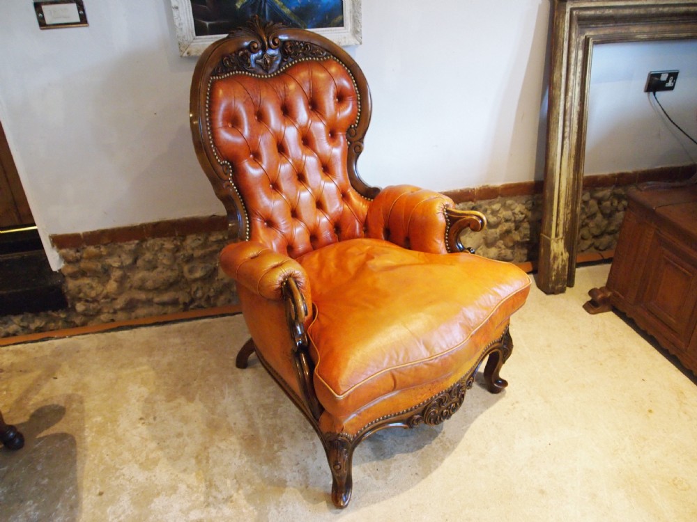Chair stunning Tan Leather armchair carved Beech c1930 View VI