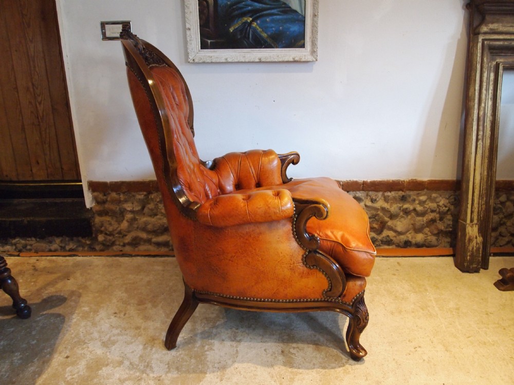 Chair stunning Tan Leather armchair carved Beech c1930 View VII