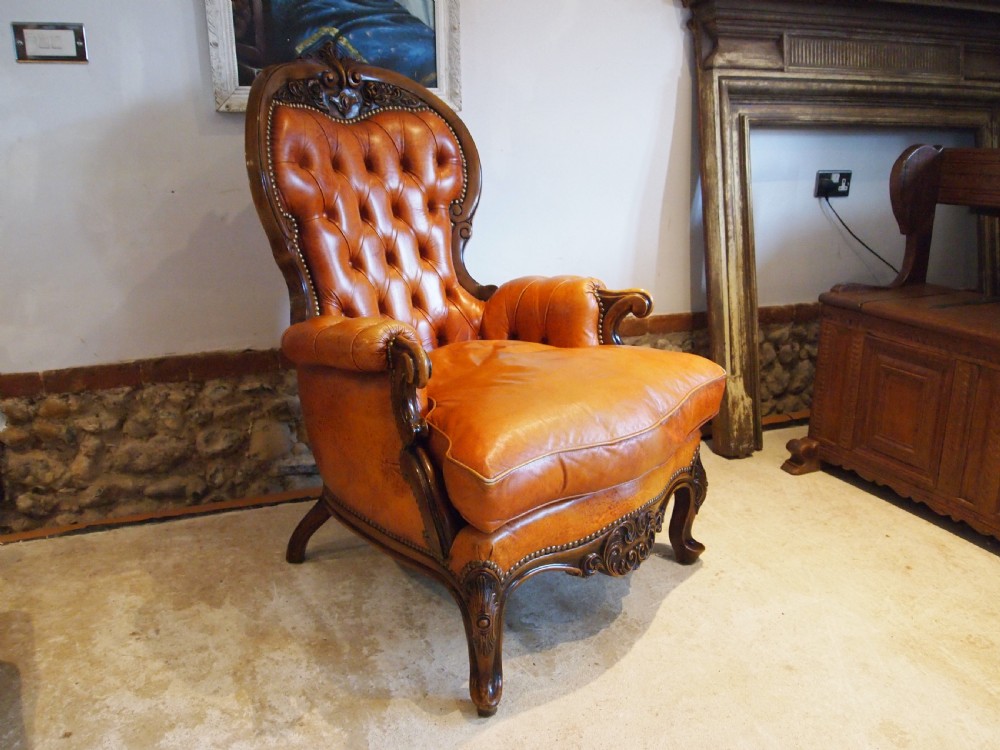 Chair stunning Tan Leather armchair carved Beech c1930 View VIII