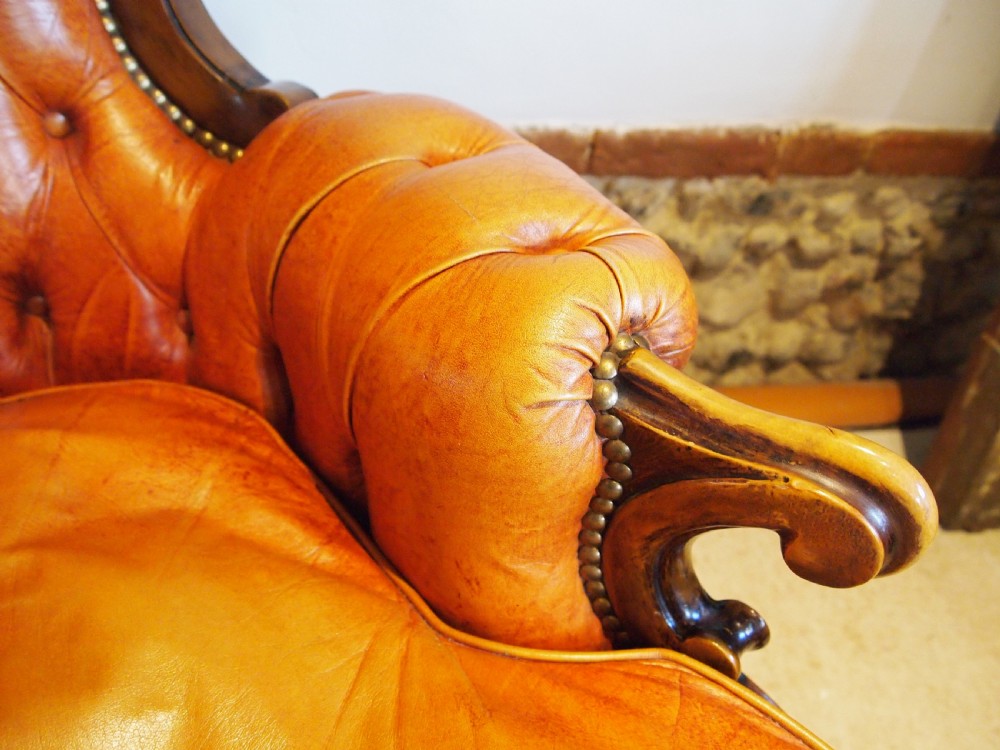 Chair stunning Tan Leather armchair carved Beech c1930 View IX
