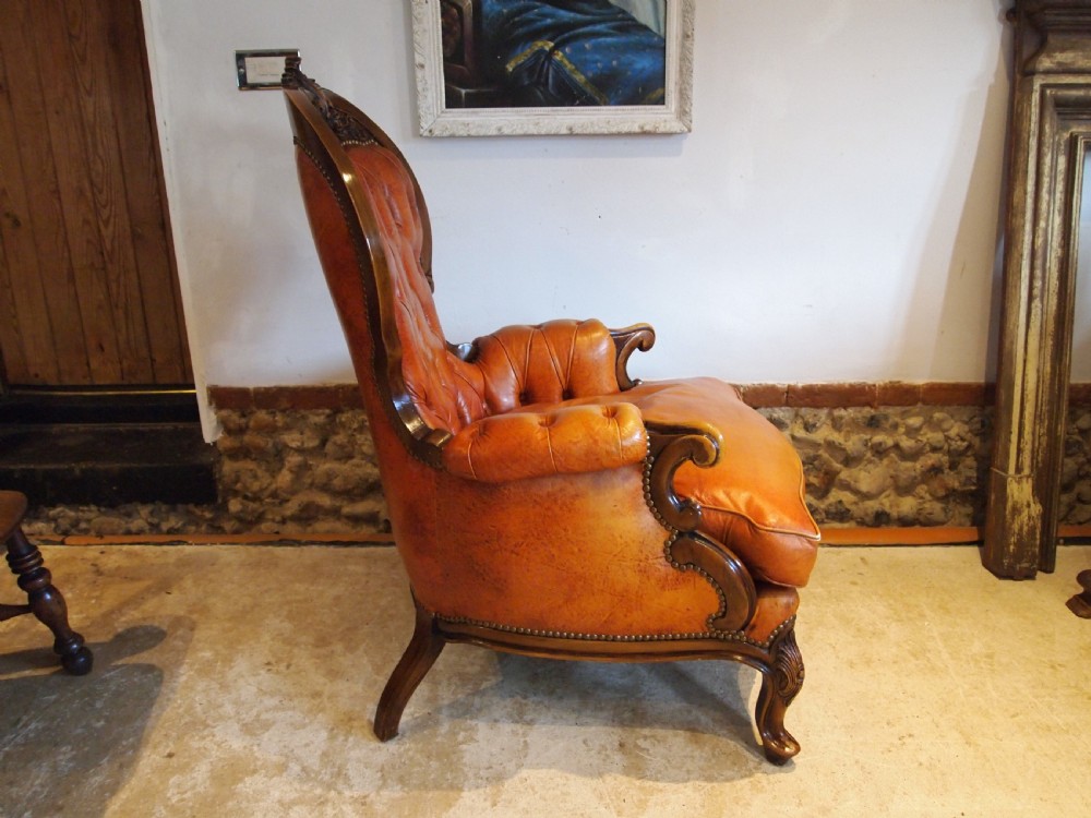 Chair stunning Tan Leather armchair carved Beech c1930 View X