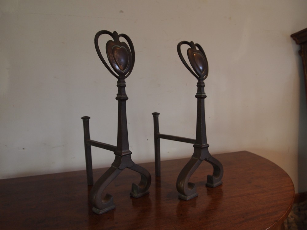 Fire dogs Arts and Crafts manner of Voysey Bronze c1900 View V
