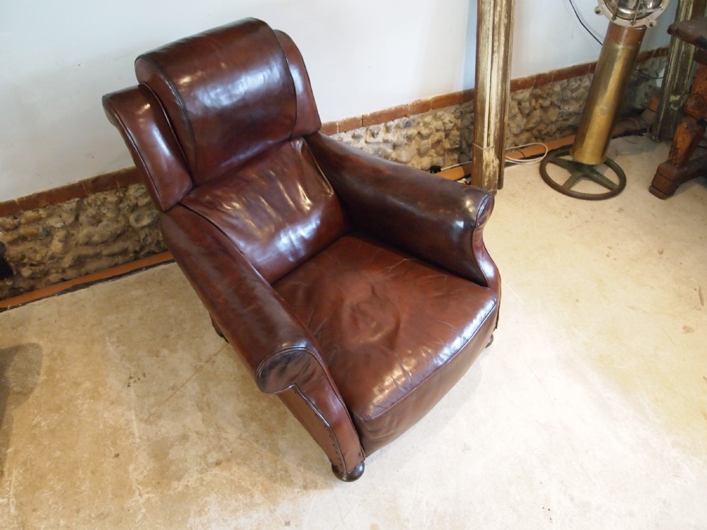 Chair stunning Edwardian Chestnut leather easy club chair c1910 View IV