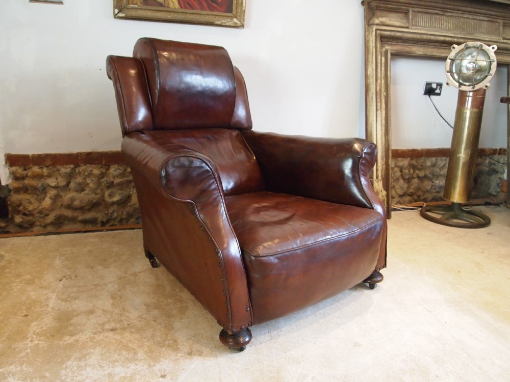 Chair stunning Edwardian Chestnut leather easy club chair c1910 View VII