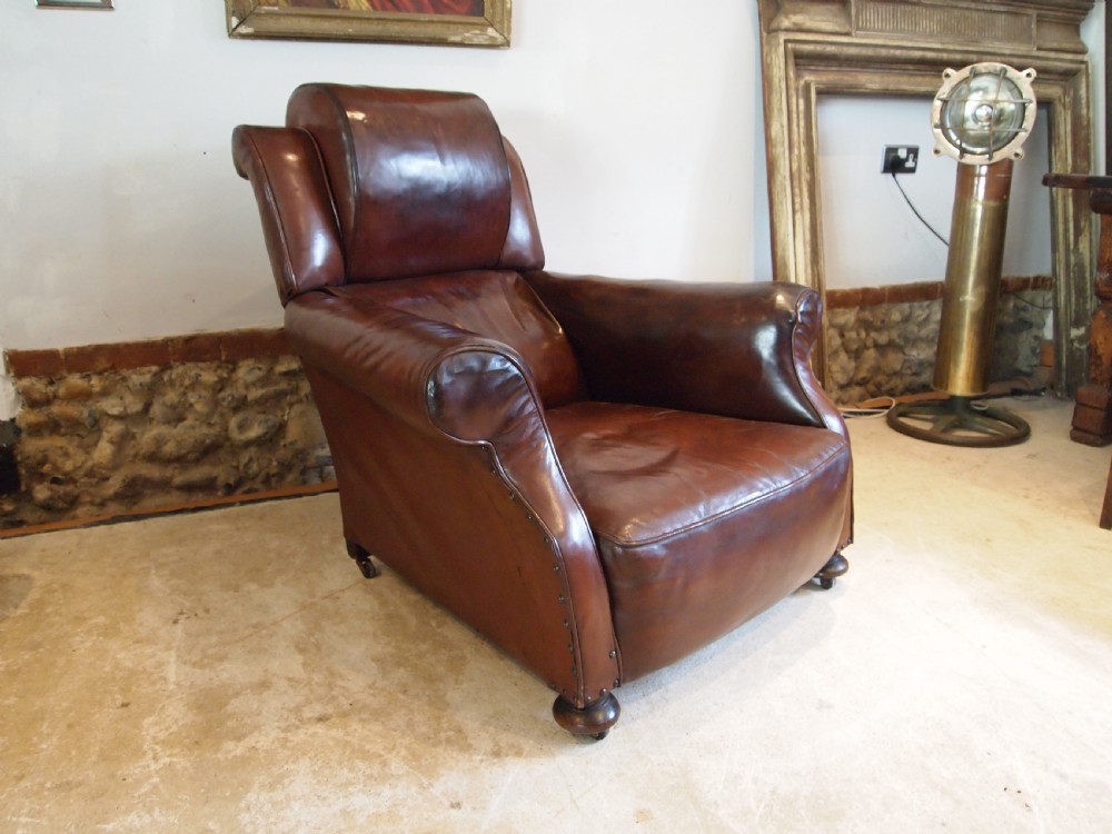 Chair stunning Edwardian Chestnut leather easy club chair c1910 View IX