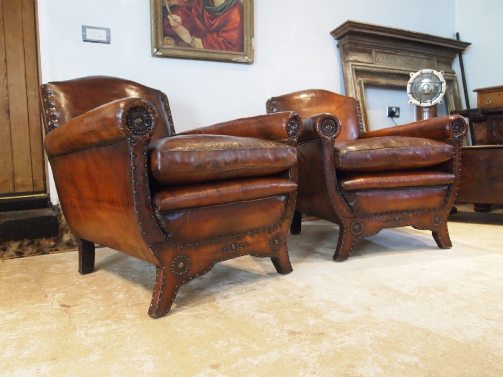 Chairs stunning pair of French leather club armchairs c1900 View VI