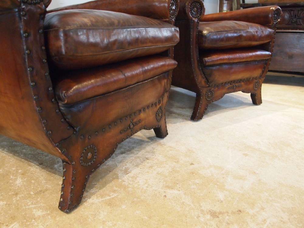 Chairs stunning pair of French leather club armchairs c1900 View VII