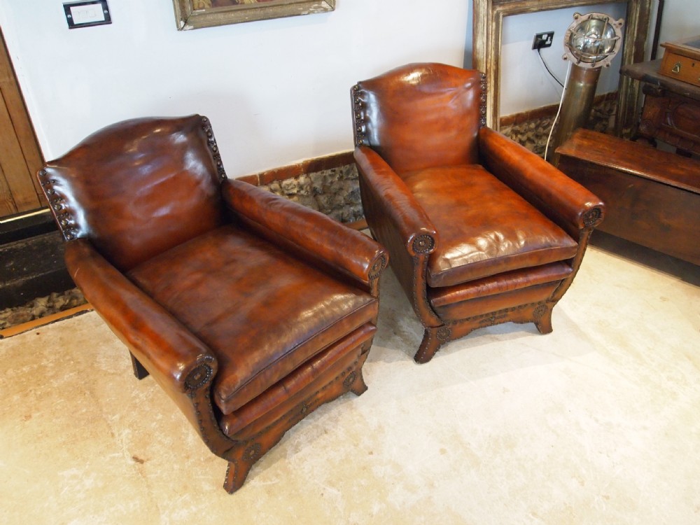 Chairs stunning pair of French leather club armchairs c1900 View VIII