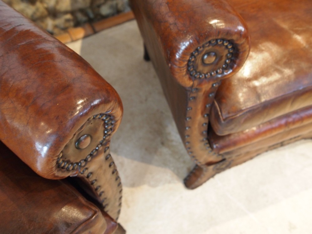 Chairs stunning pair of French leather club armchairs c1900 View IX