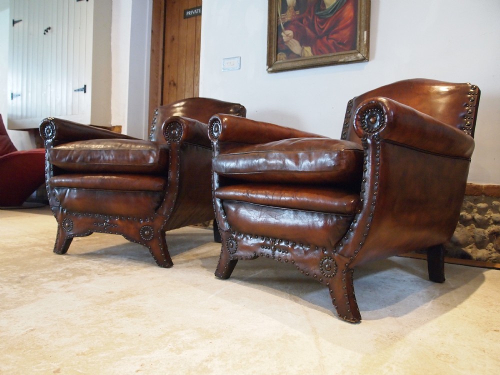 Chairs stunning pair of French leather club armchairs c1900 View XI