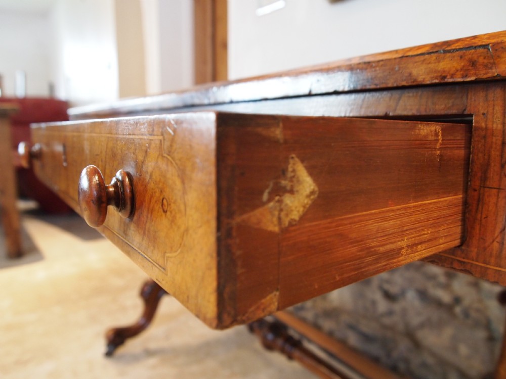 Writing table fine burr Walnut early Victorian c1840 View VI