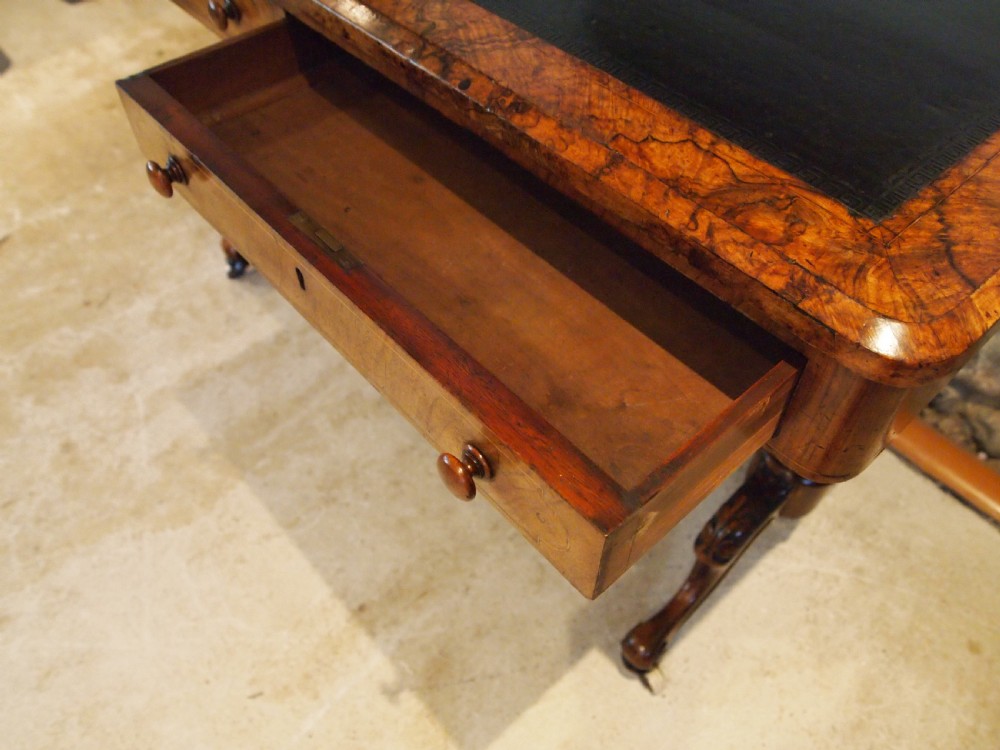 Writing table fine burr Walnut early Victorian c1840 View XV
