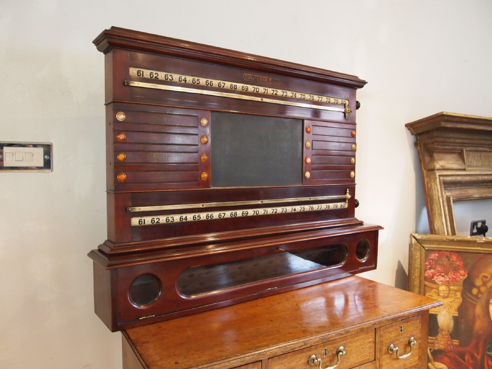 A Victorian mahogany snooker scoreboard featuring brass tracking rails, numbered rollers, a central chalkboard, and a glass-fronted lower cabinet. View III