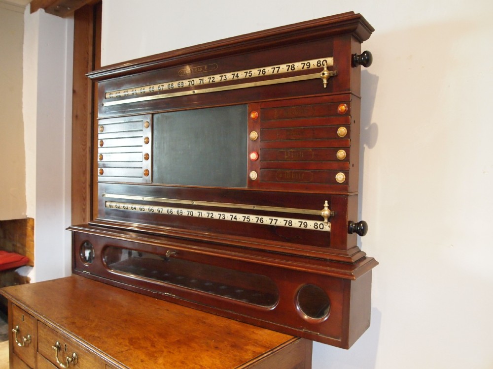 A Victorian mahogany snooker scoreboard featuring brass tracking rails, numbered rollers, a central chalkboard, and a glass-fronted lower cabinet. View VIII