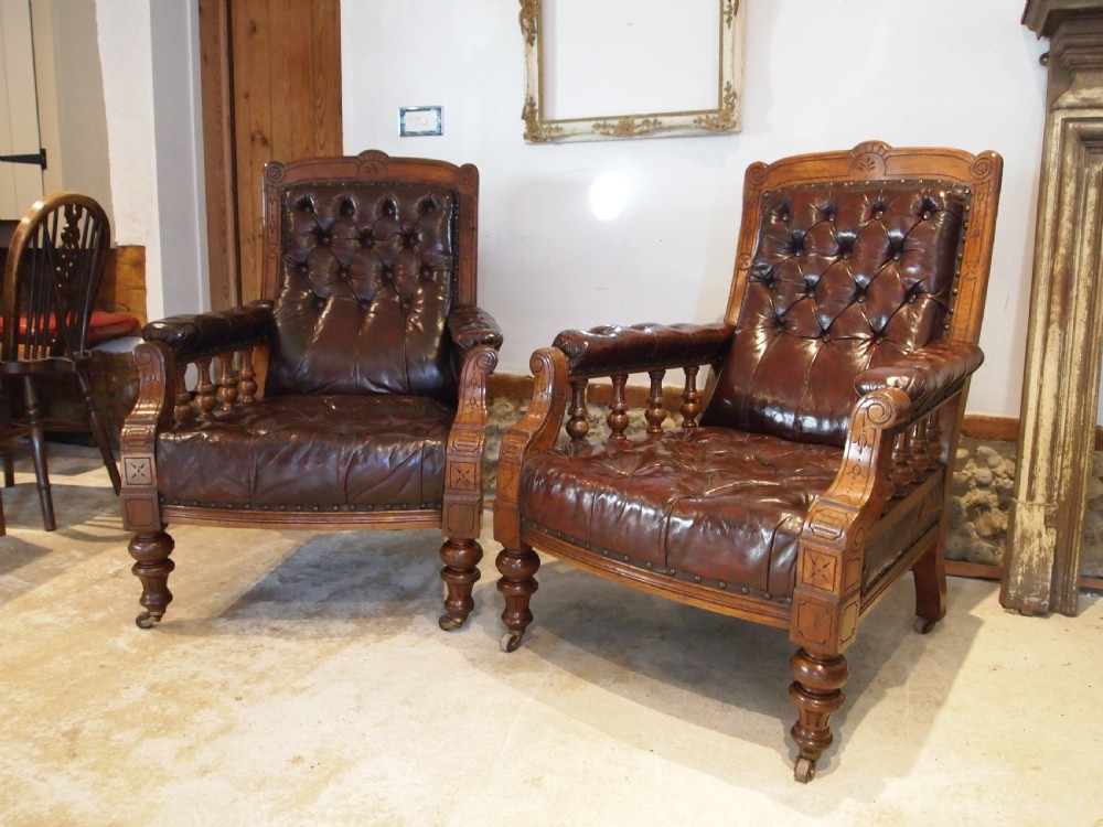 Chairs fine pair of Victorian Oak & Chestnut Leather library easy chairs c1880