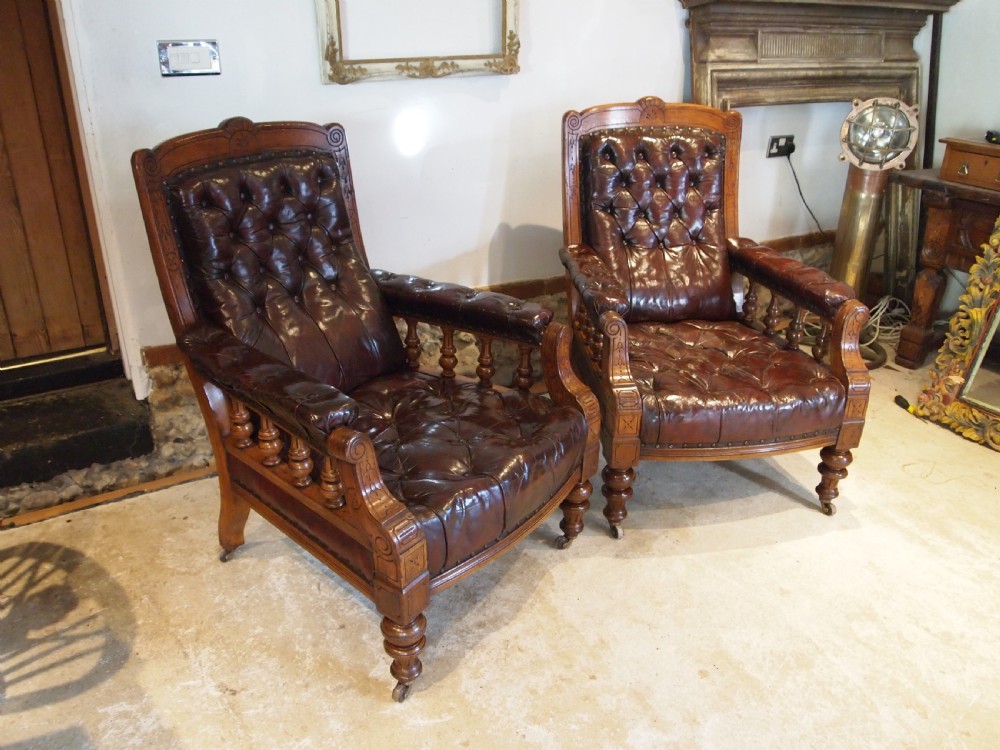 Chairs fine pair of Victorian Oak & Chestnut Leather library easy chairs c1880 View III