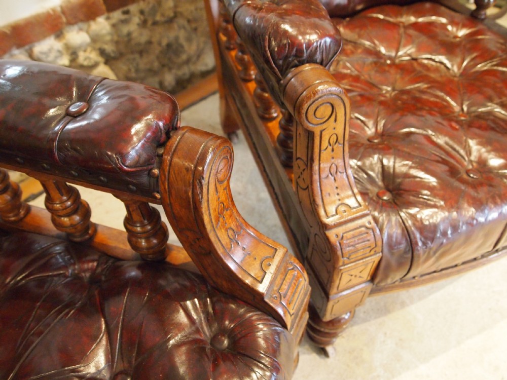Chairs fine pair of Victorian Oak & Chestnut Leather library easy chairs c1880 View IV