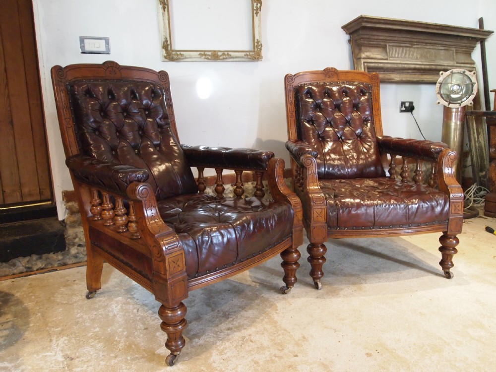 Chairs fine pair of Victorian Oak & Chestnut Leather library easy chairs c1880 View VII