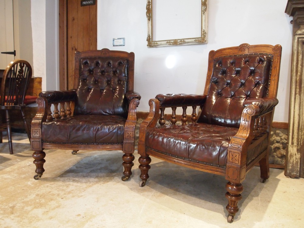 Chairs fine pair of Victorian Oak & Chestnut Leather library easy chairs c1880 View VIII