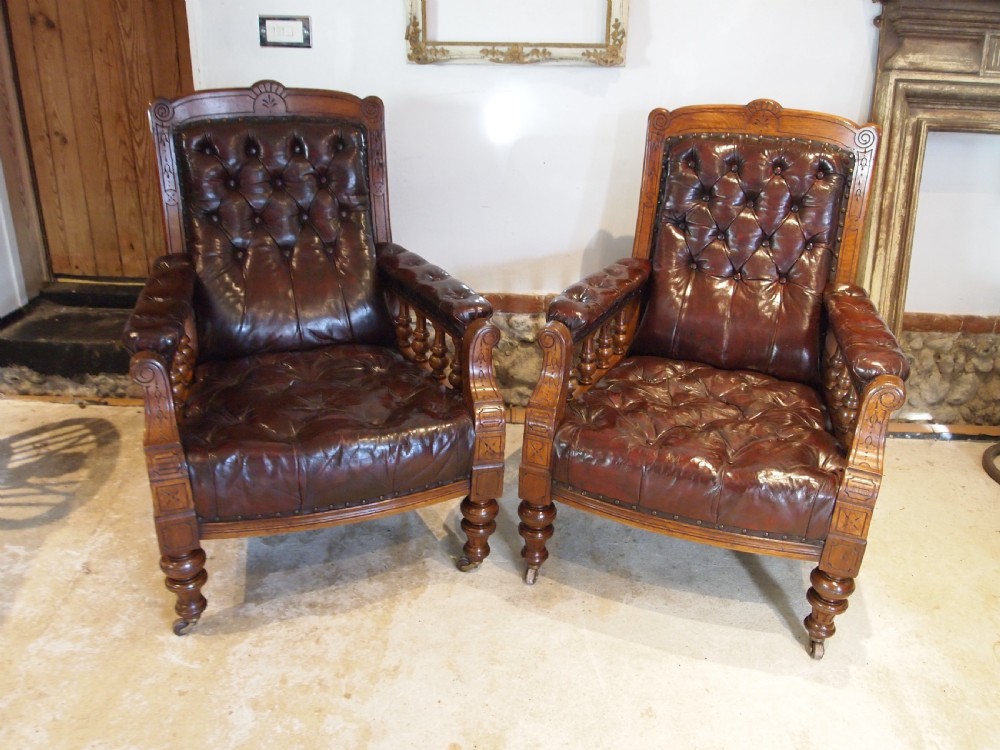 Chairs fine pair of Victorian Oak & Chestnut Leather library easy chairs c1880 View XI