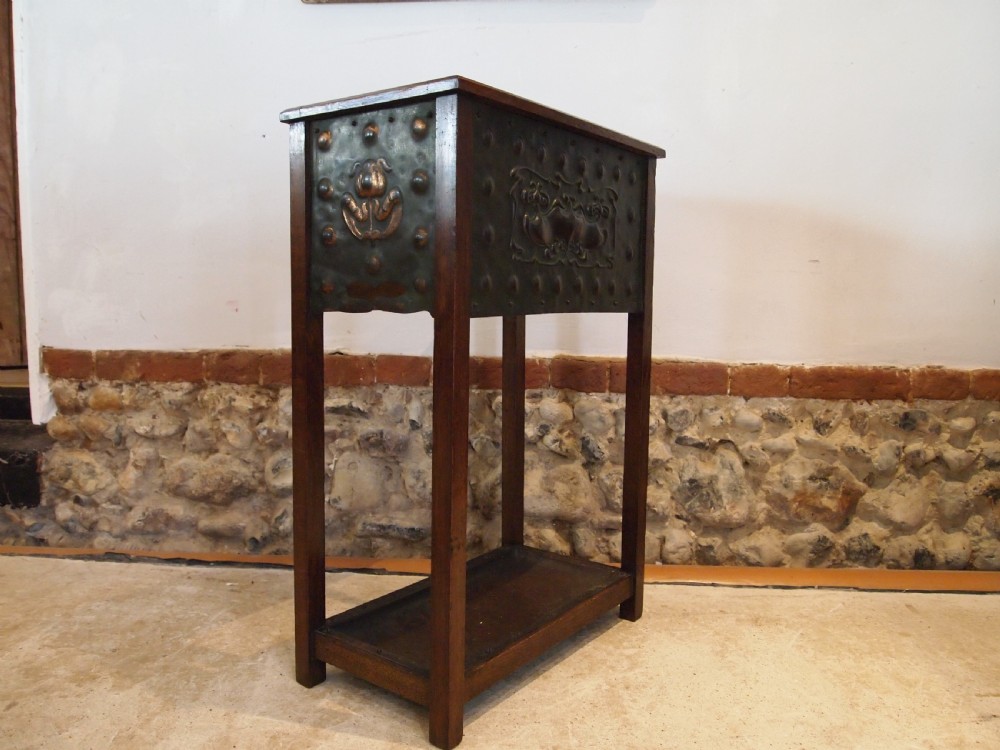 Stick stand umbrella Arts and Crafts Copper and Oak c1900