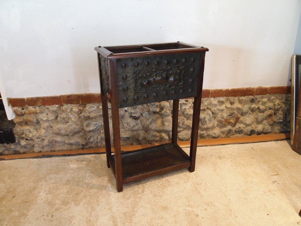 Stick stand umbrella Arts and Crafts Copper and Oak c1900 View II