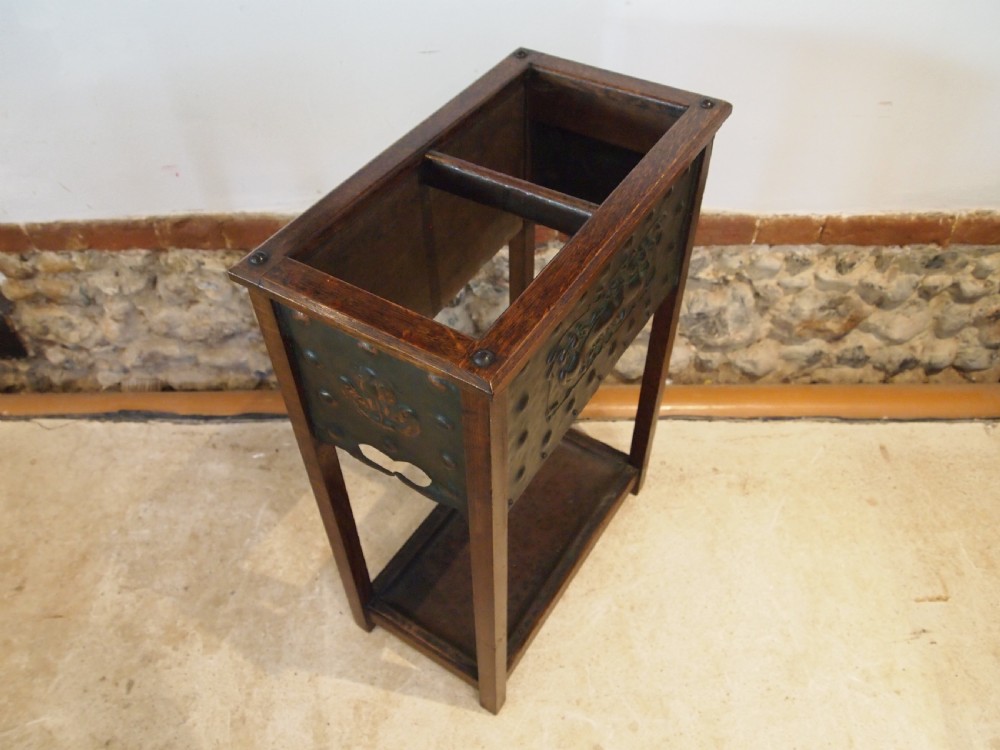 Stick stand umbrella Arts and Crafts Copper and Oak c1900 View V