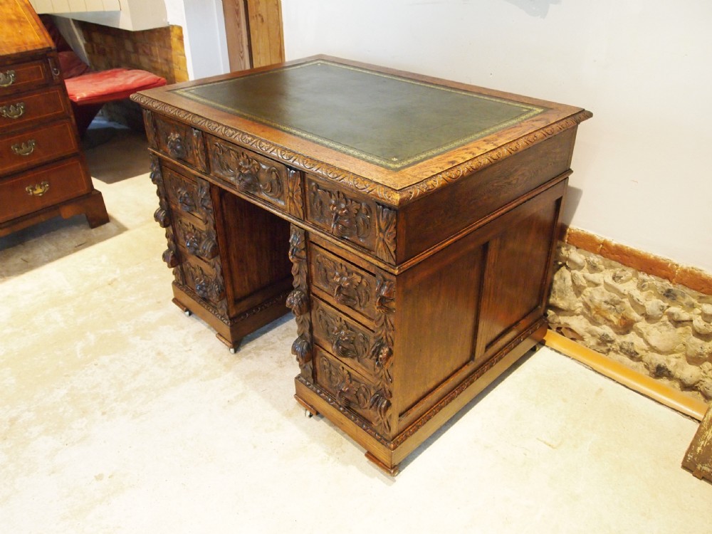 Desk Stunning Green Man carved Oak Victorian c1880