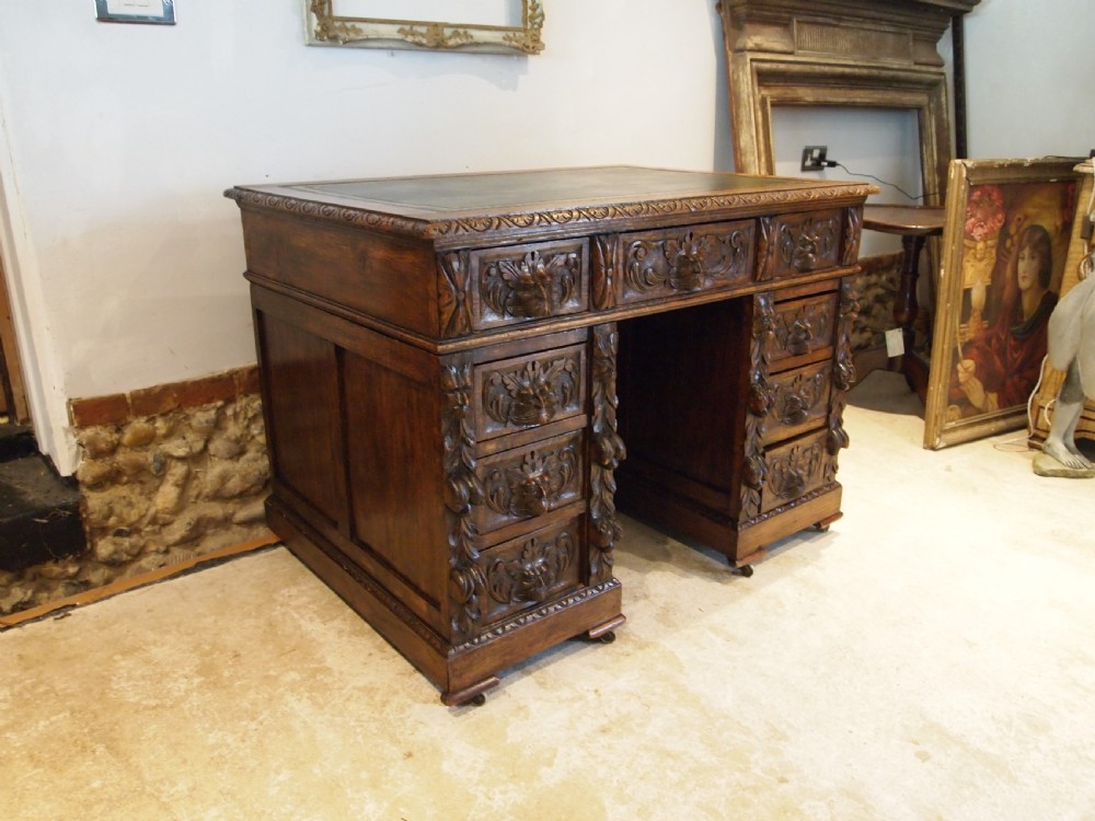 Desk Stunning Green Man carved Oak Victorian c1880 View III