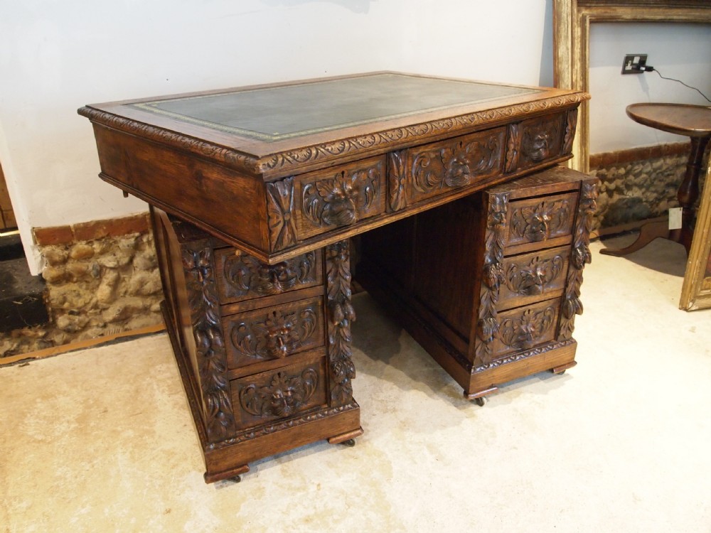 Desk Stunning Green Man carved Oak Victorian c1880 View VIII