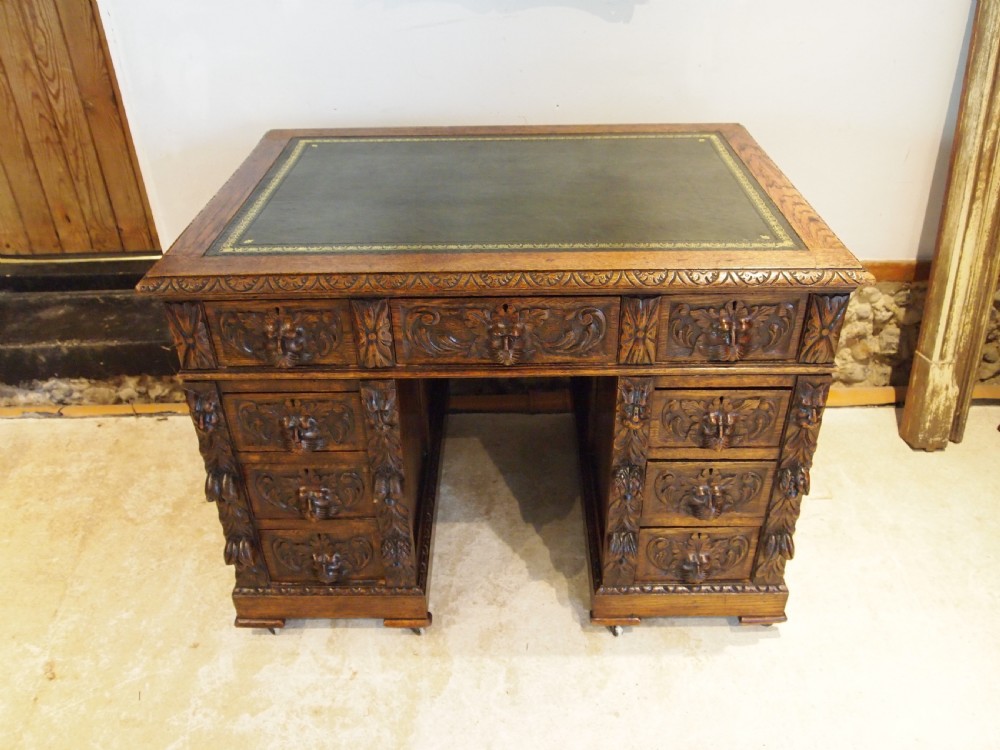 Desk Stunning Green Man carved Oak Victorian c1880 View IX