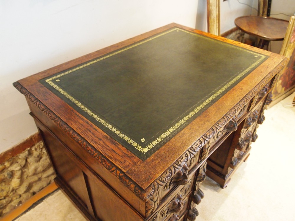 Desk Stunning Green Man carved Oak Victorian c1880 View X