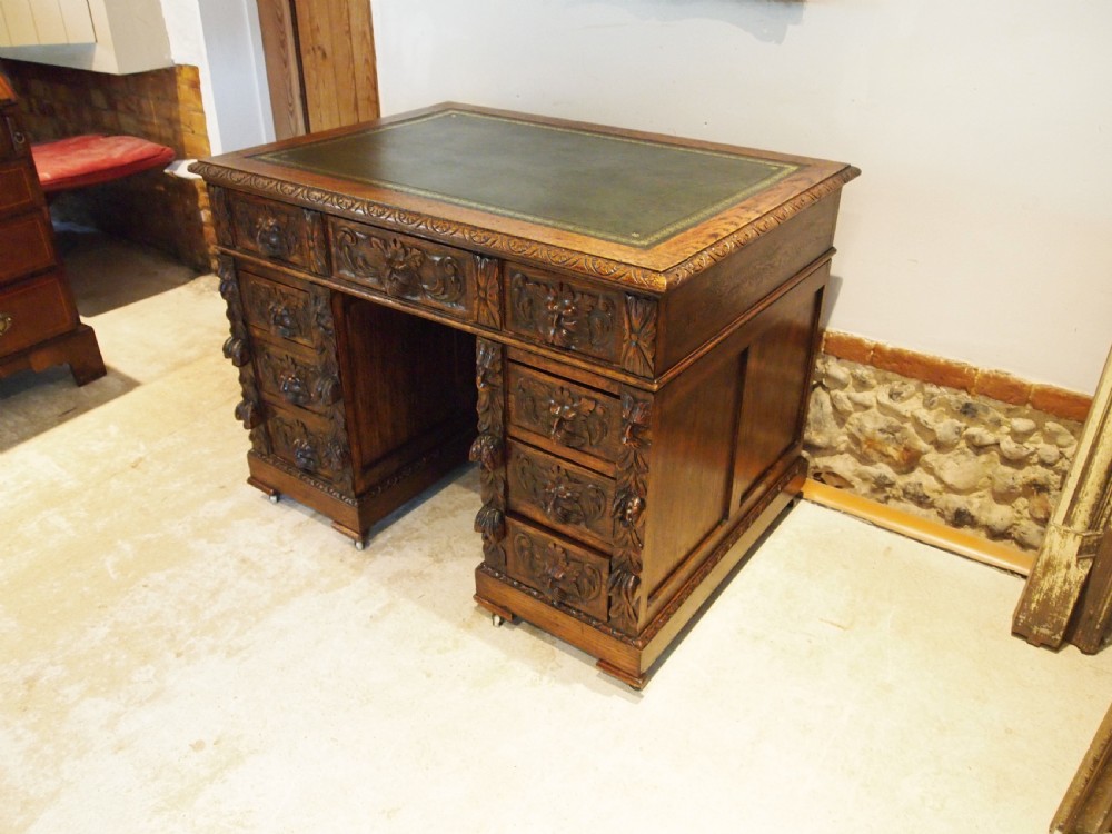 Desk Stunning Green Man carved Oak Victorian c1880 View XI