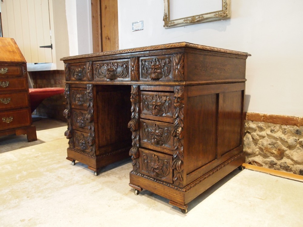 Desk Stunning Green Man carved Oak Victorian c1880 View XII