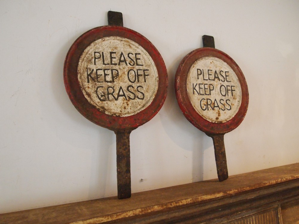 Signs pair heavy Victorian cast Iron keep off the grass c1880