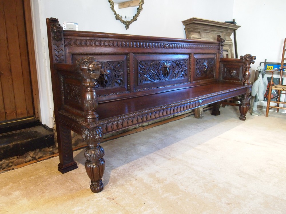Bench settle grand Carved Oak Victorian Wood Hall Hilgay Norfolk c1880 View II