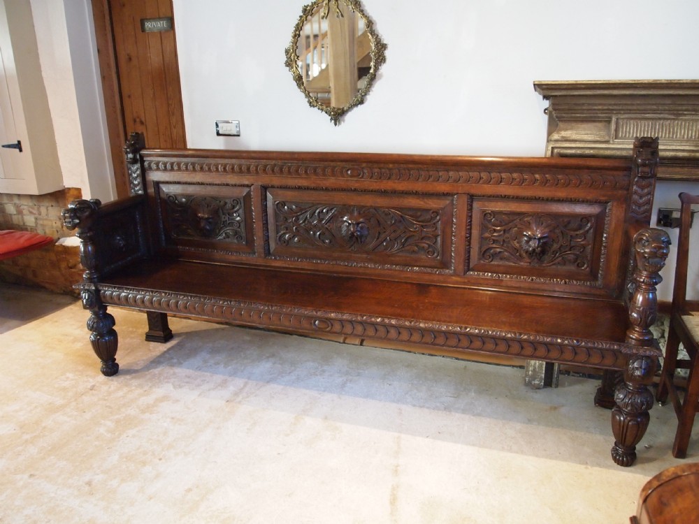Bench settle grand Carved Oak Victorian Wood Hall Hilgay Norfolk c1880 View X