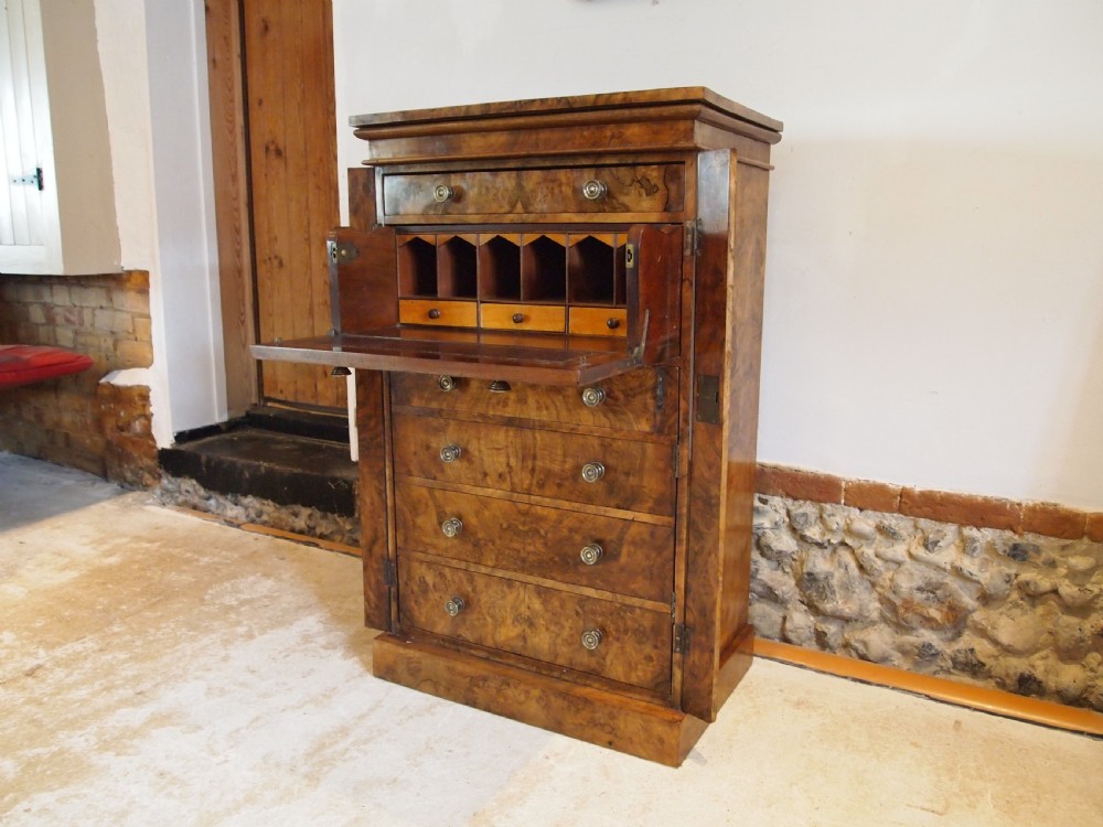 Chest of drawers rare Wellington secretaire and cupboard Burr Walnut c1860 View III