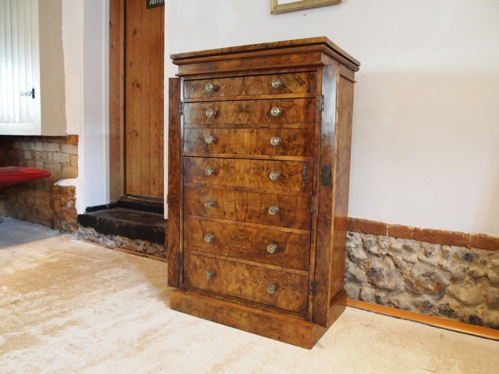 Chest of drawers rare Wellington secretaire and cupboard Burr Walnut c1860 View VIII