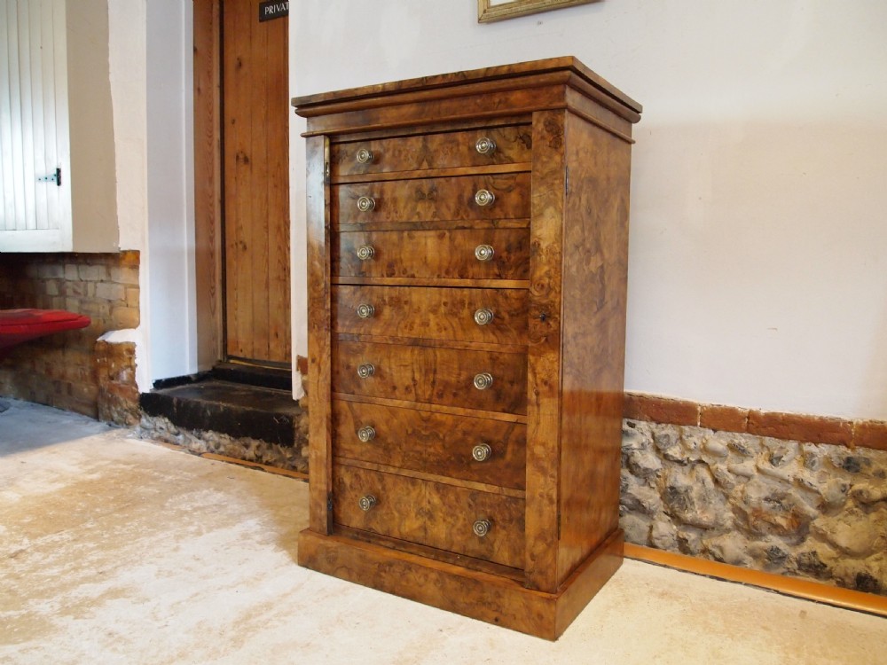 Chest of drawers rare Wellington secretaire and cupboard Burr Walnut c1860 View IX