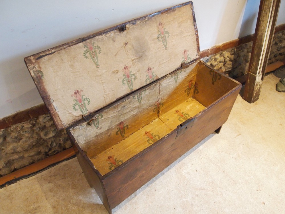 Coffer chest or trunk rare small six plank Elm 17th Century c1690 View VI