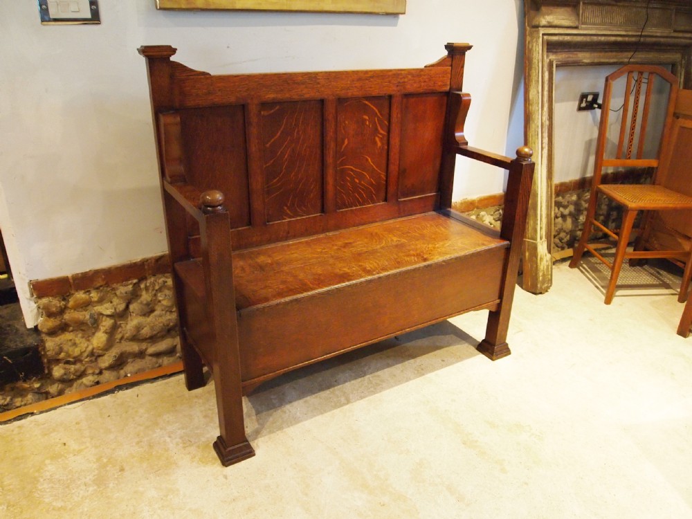 Bench settle rare Arts and Crafts Oak hall box c1900