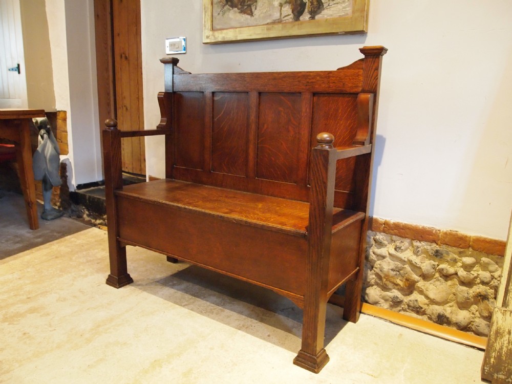 Bench settle rare Arts and Crafts Oak hall box c1900 View II