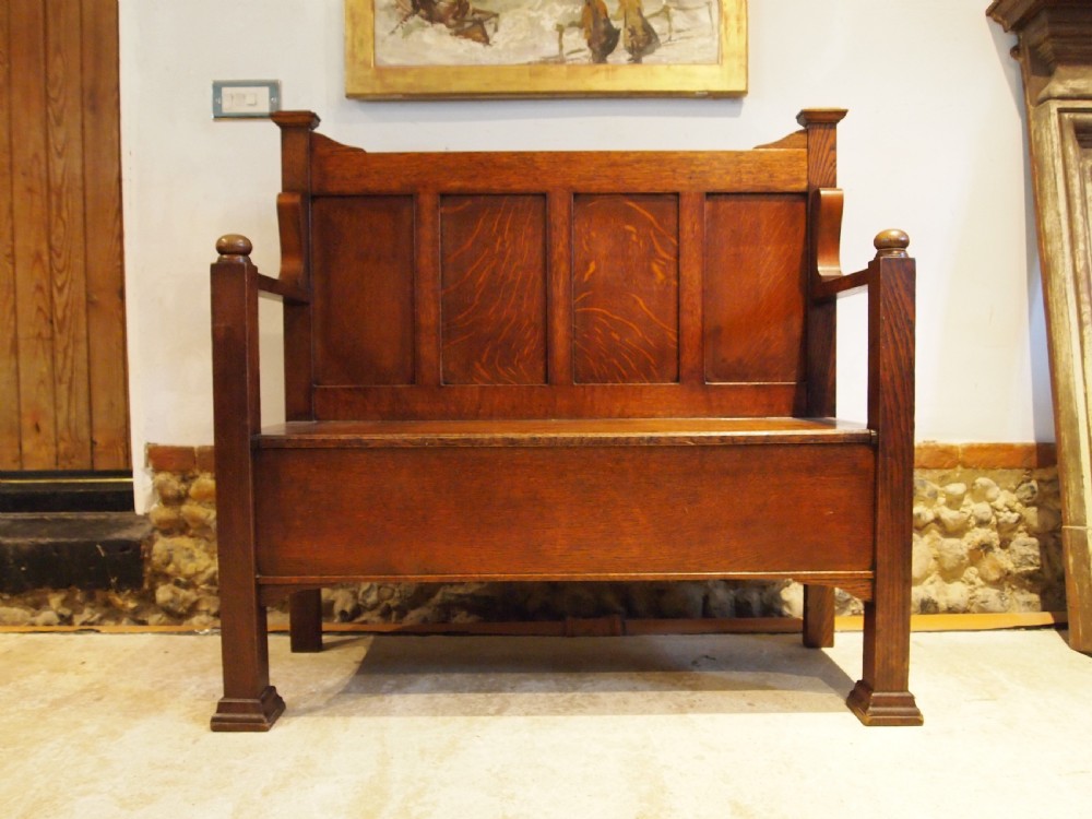 Bench settle rare Arts and Crafts Oak hall box c1900 View VI