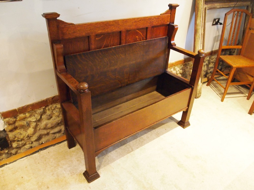 Bench settle rare Arts and Crafts Oak hall box c1900 View IX