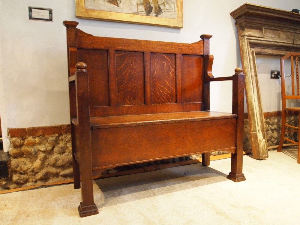 Bench settle rare Arts and Crafts Oak hall box c1900 View X